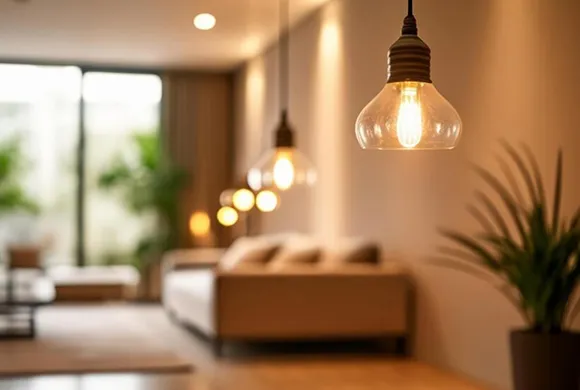 Cozy living room with modern lighting and decor styling service in West Vancouver, featuring a sofa and plants.