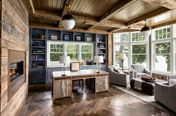 Contemporary office with wooden ceiling, large windows, and cozy furniture for office finishing in Port Moody.