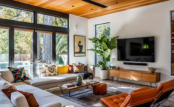 Bright living space with large windows, green plants, and stylish furniture.